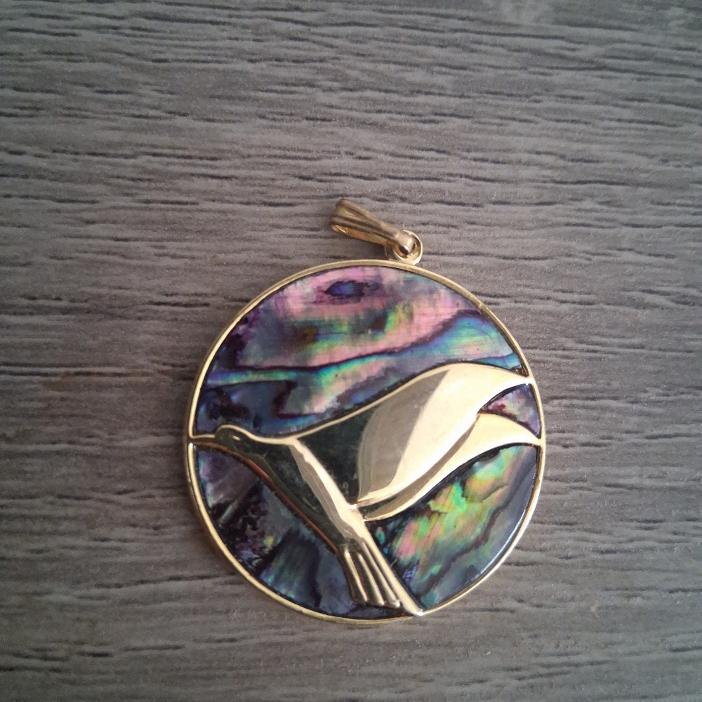 Vintage Art Deco Abalone Shell Gold Bird Pendant